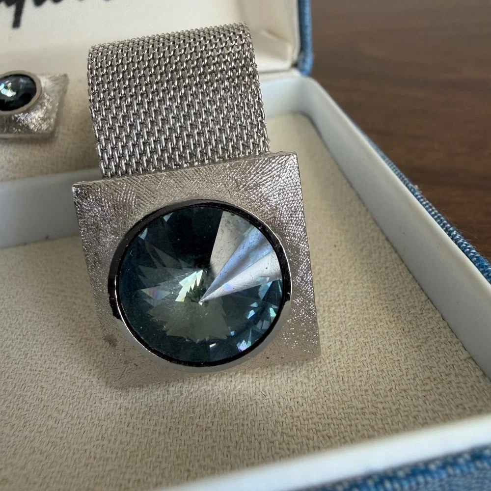 Vintage Esquire Dante Rivoli Rhinestone Mesh Cufflinks Tie Tack Set Silver Tone